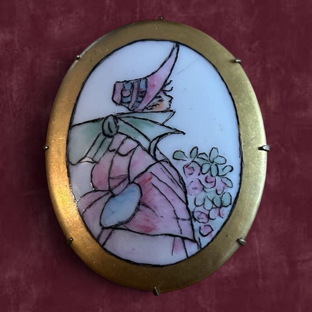 Large Antique Hand Painted Porcelain Edwardian Lady Brooch 2.75”